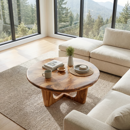 Round Live Edge Coffee Table with Open Cross Base Design - view 3 of 7