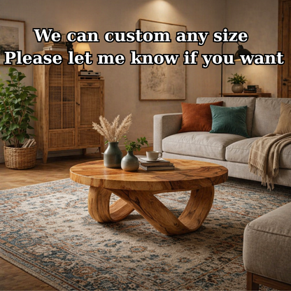 Round Solid Wood Coffee Table with Sculptural Curved Base in Warm Walnut Tone - view 7 of 9