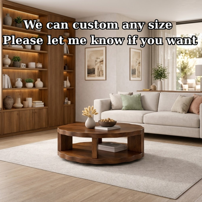 Round Solid Wood Coffee Table with Storage Shelf and Thick Slab Design - view 7 of 9