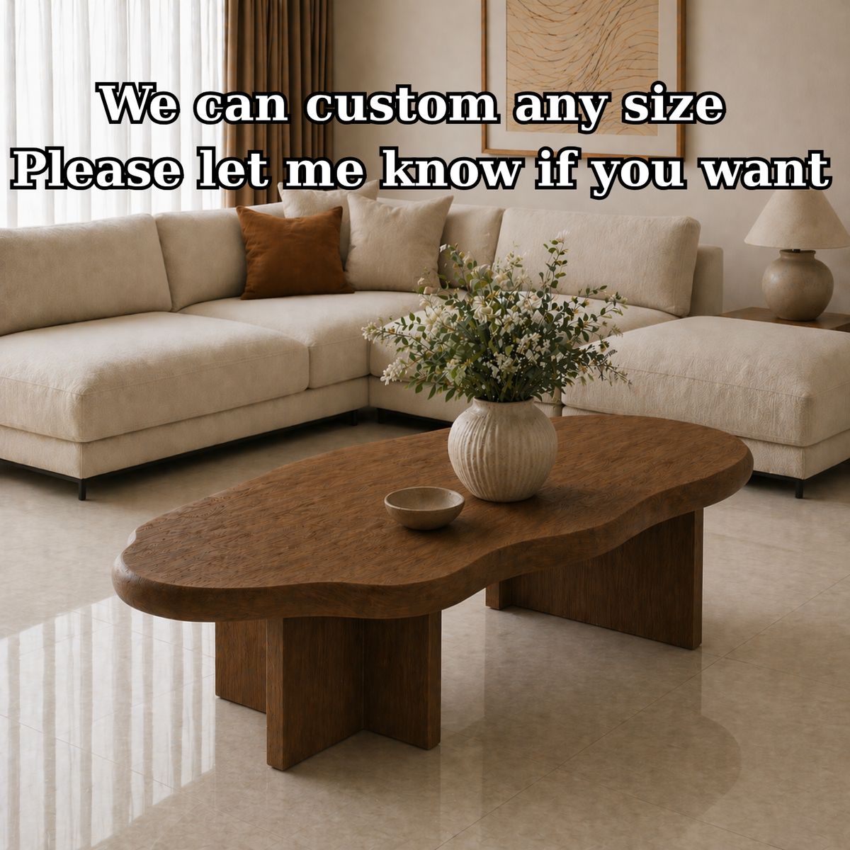 Solid Wood Coffee Table with Organic Shape and Thick Block Base - view 7 of 9