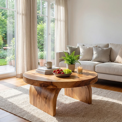 Round Solid Wood Coffee Table with Sculptural Block Base - view 2 of 7