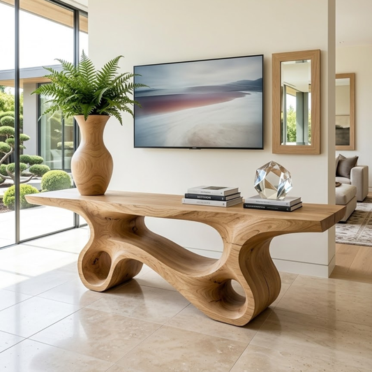 Solid Wood Console Table with Sculpted Curved Design, Modern Minimalist Furniture - view 1 of 7