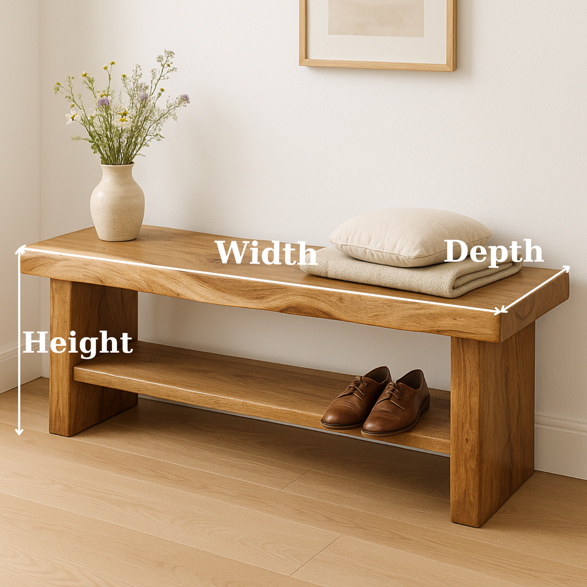 Handcrafted Solid Wood Bench – Live Edge Entryway Seating with Storage Shelf - view 2 of 5