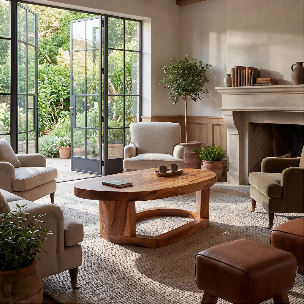Solid Wood Oval Coffee Table handcrafted Natural Wood Living Room Table with Sculptural Base - view 3 of 7