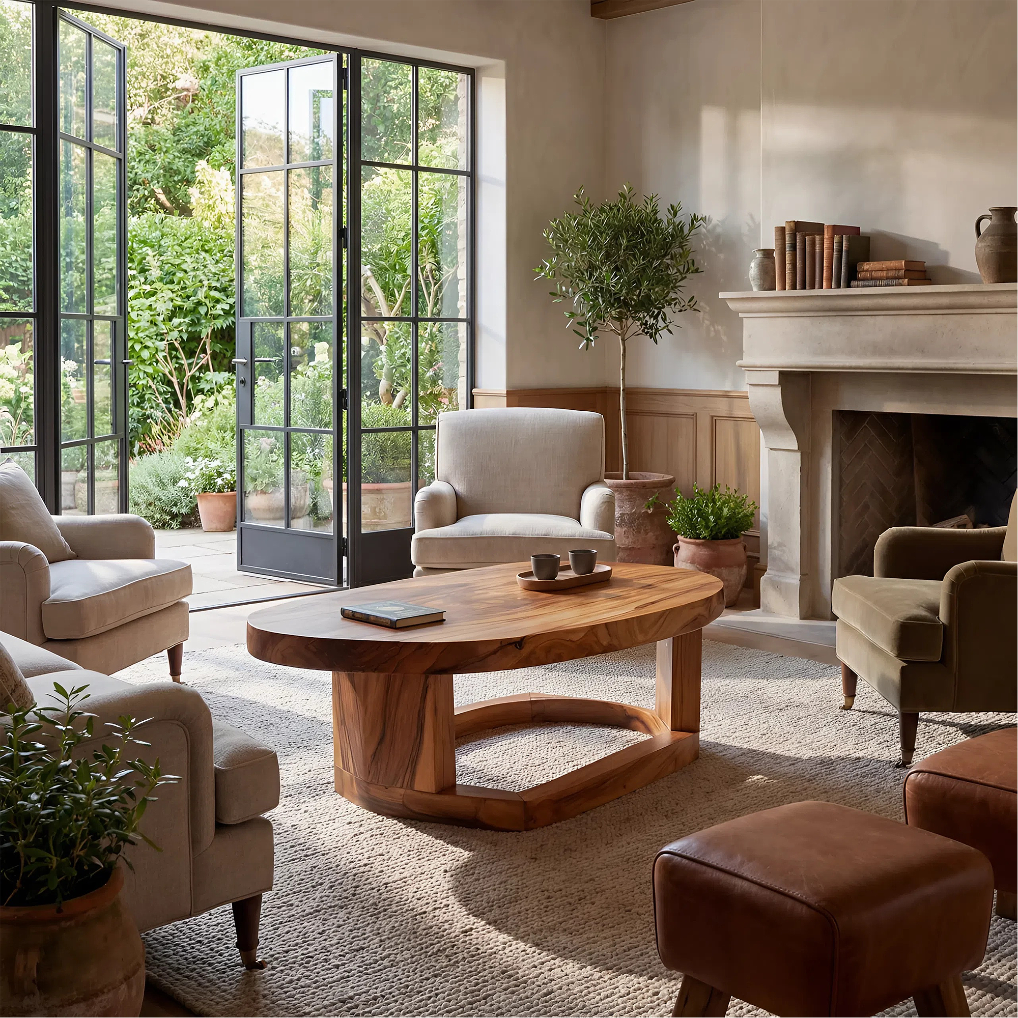 Solid Wood Oval Coffee Table handcrafted Natural Wood Living Room Table with Sculptural Base - view 3 of 7