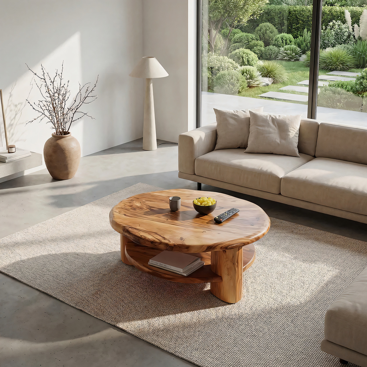 Round Solid Wood Coffee Table with Shelf Handcrafted Natural Wood Living Room Table - view 3 of 7