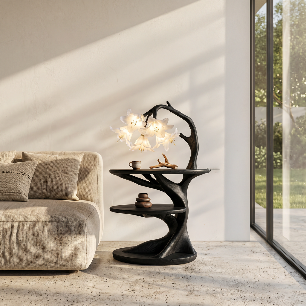 Rustic Side Table With Flower Shade Lamp For Bedroom And Living Room - view 4 of 8