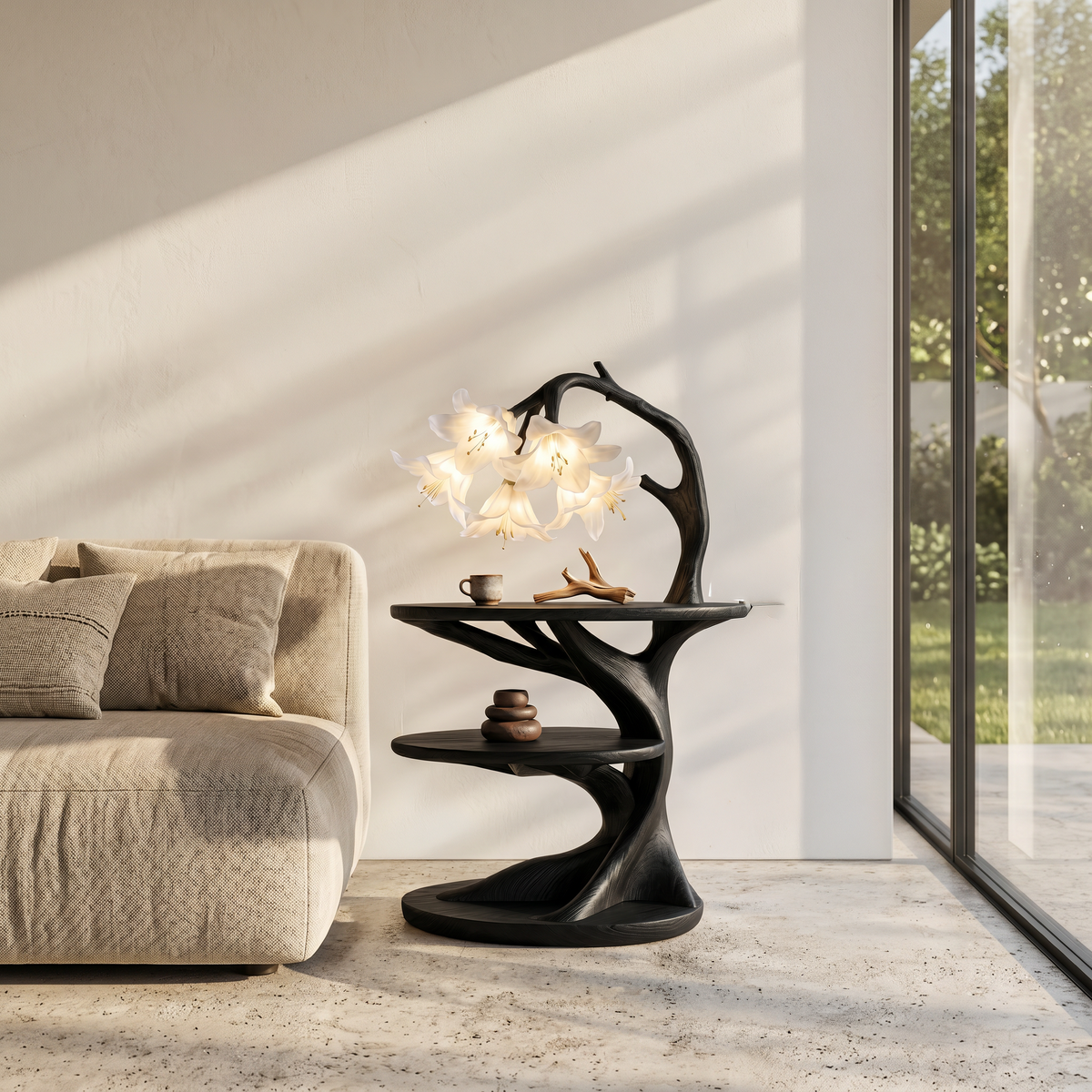 Rustic Side Table With Flower Shade Lamp For Bedroom And Living Room - view 4 of 8