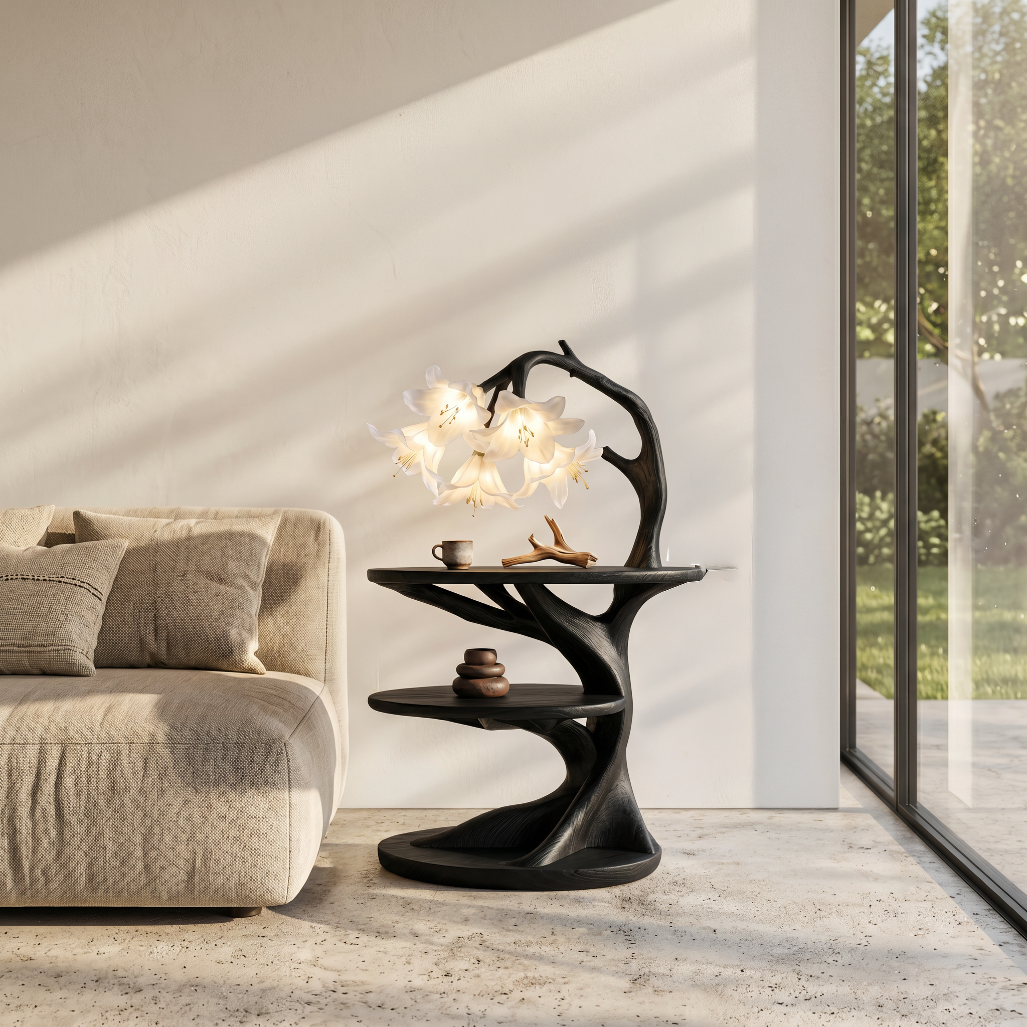 Rustic Side Table With Flower Shade Lamp For Bedroom And Living Room - view 4 of 8
