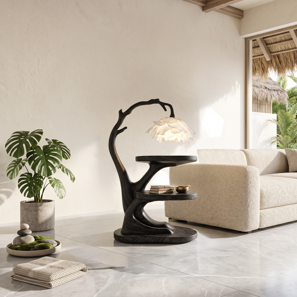 Organic Bedside Table With Sculptural Flower Lamp For Bedroom And Reading Nook - view 4 of 8