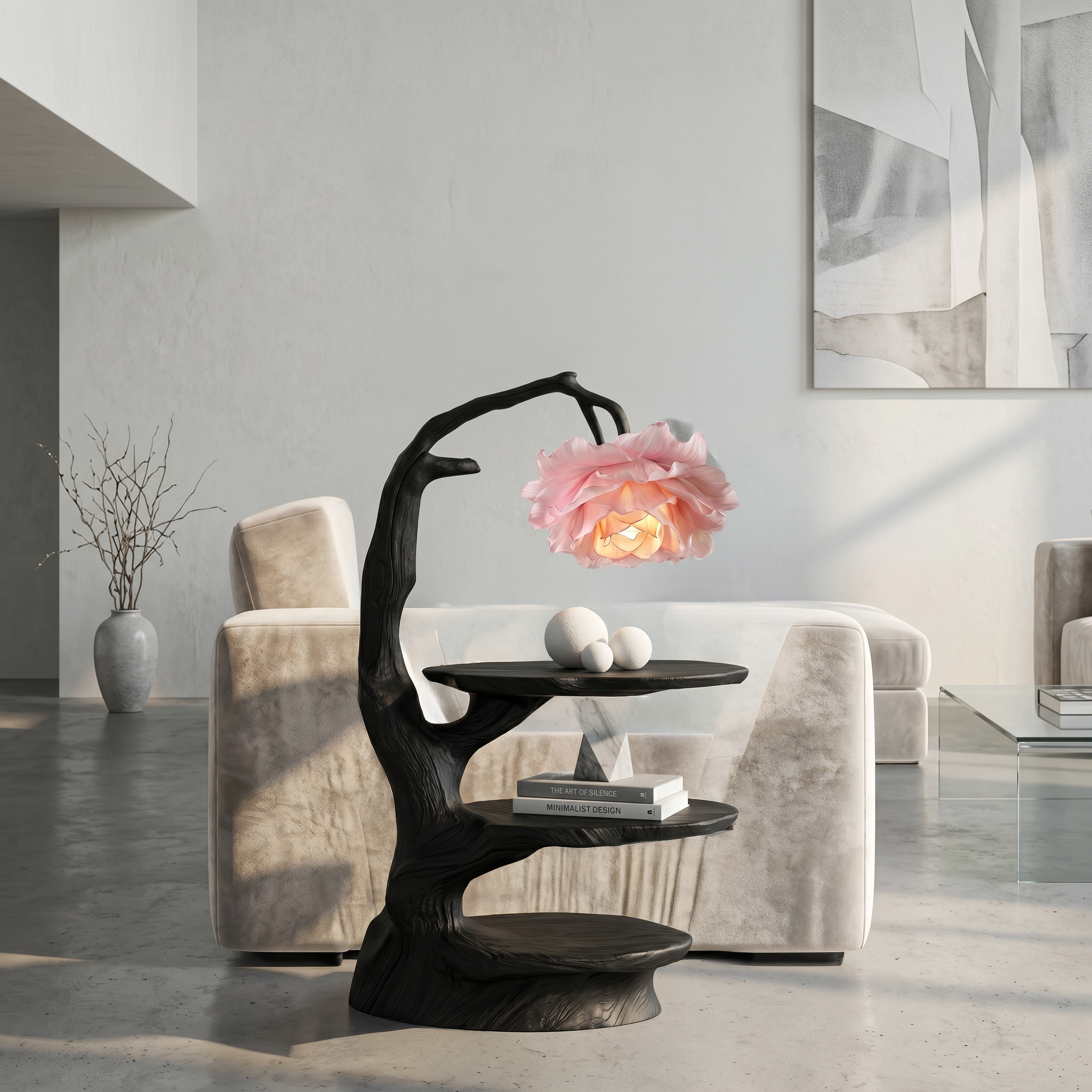 Natural End Table With Tree Branch Form And Flower Lamp For Bedroom And Reading Nook - view 4 of 8