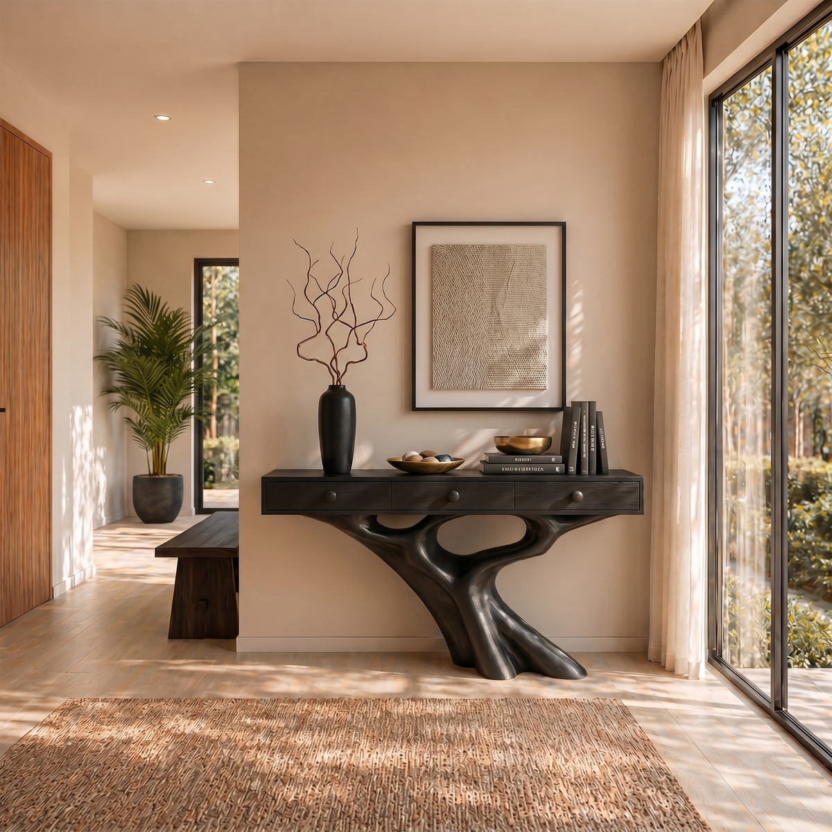 Organic Console Table With Built In Storage Cabinet And Sculptural Curved Wood Base For Entryway And Living Room - view 4 of 8