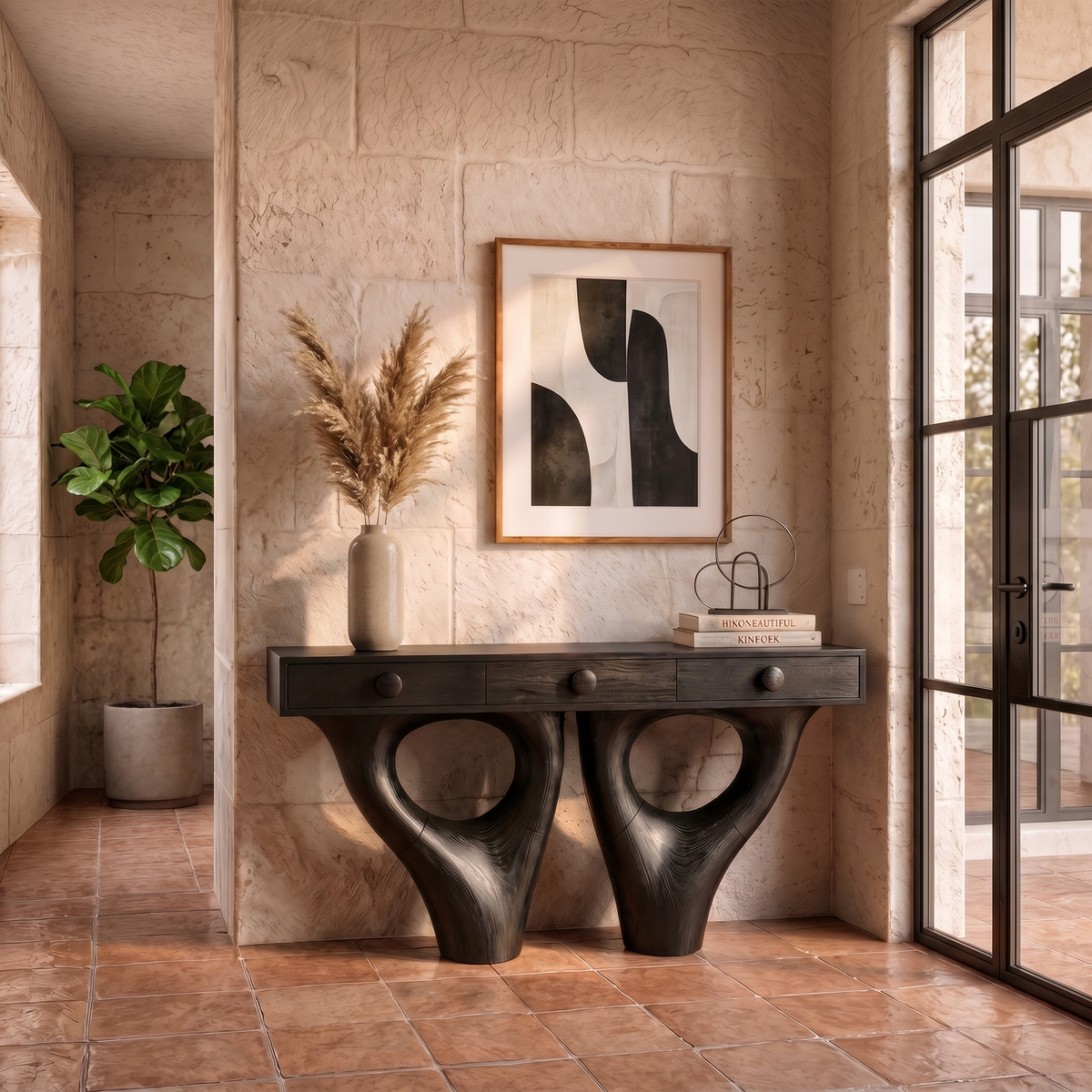 Rustic Console Table With Sculptural Double Pedestal Wood Base And Solid Wood Top For Entryway And Living Room - view 4 of 8