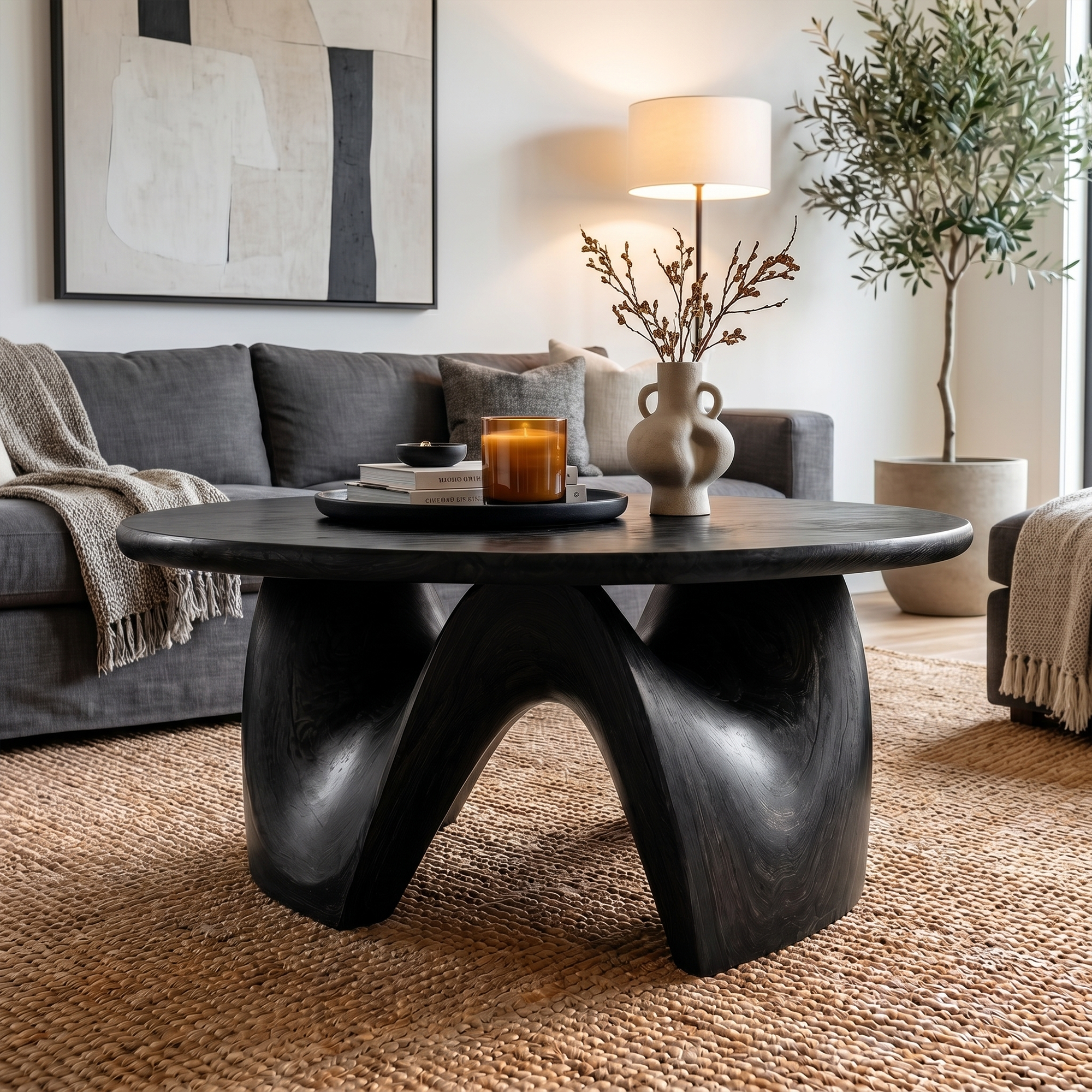 Rustic Coffee Table With Sculptural Solid Wood Base And Round Live Edge Top For Living Room - view 4 of 8