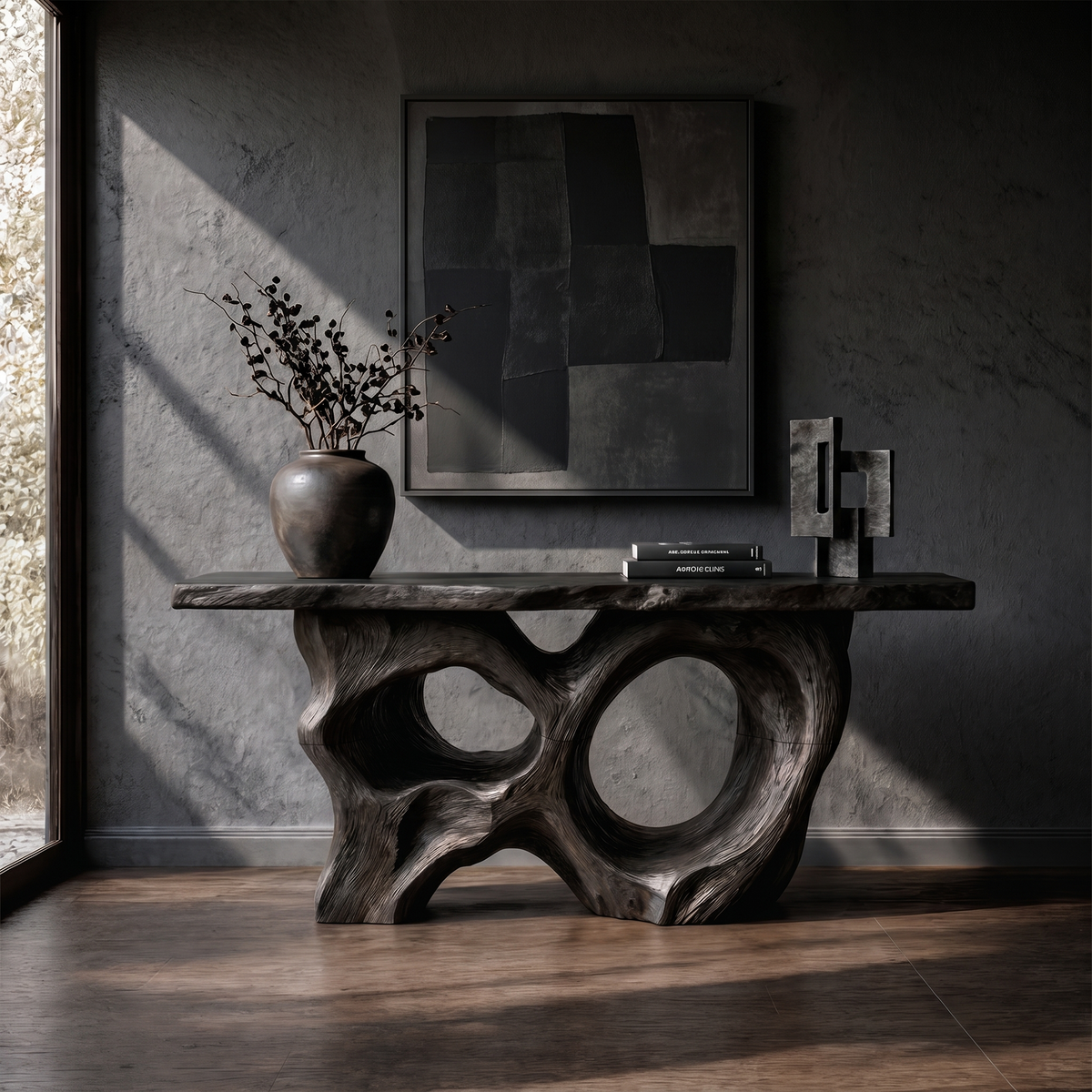 Modern Console Table With Sculptural Asymmetrical Wood Base  For Living Room - view 4 of 8