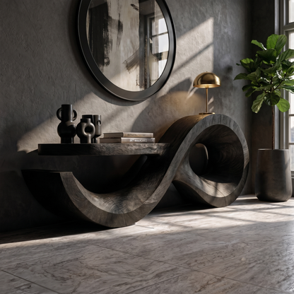 Contemporary Console Table With Sculptural Wave Wood Base And Solid Wood Top For Living Room - view 4 of 8