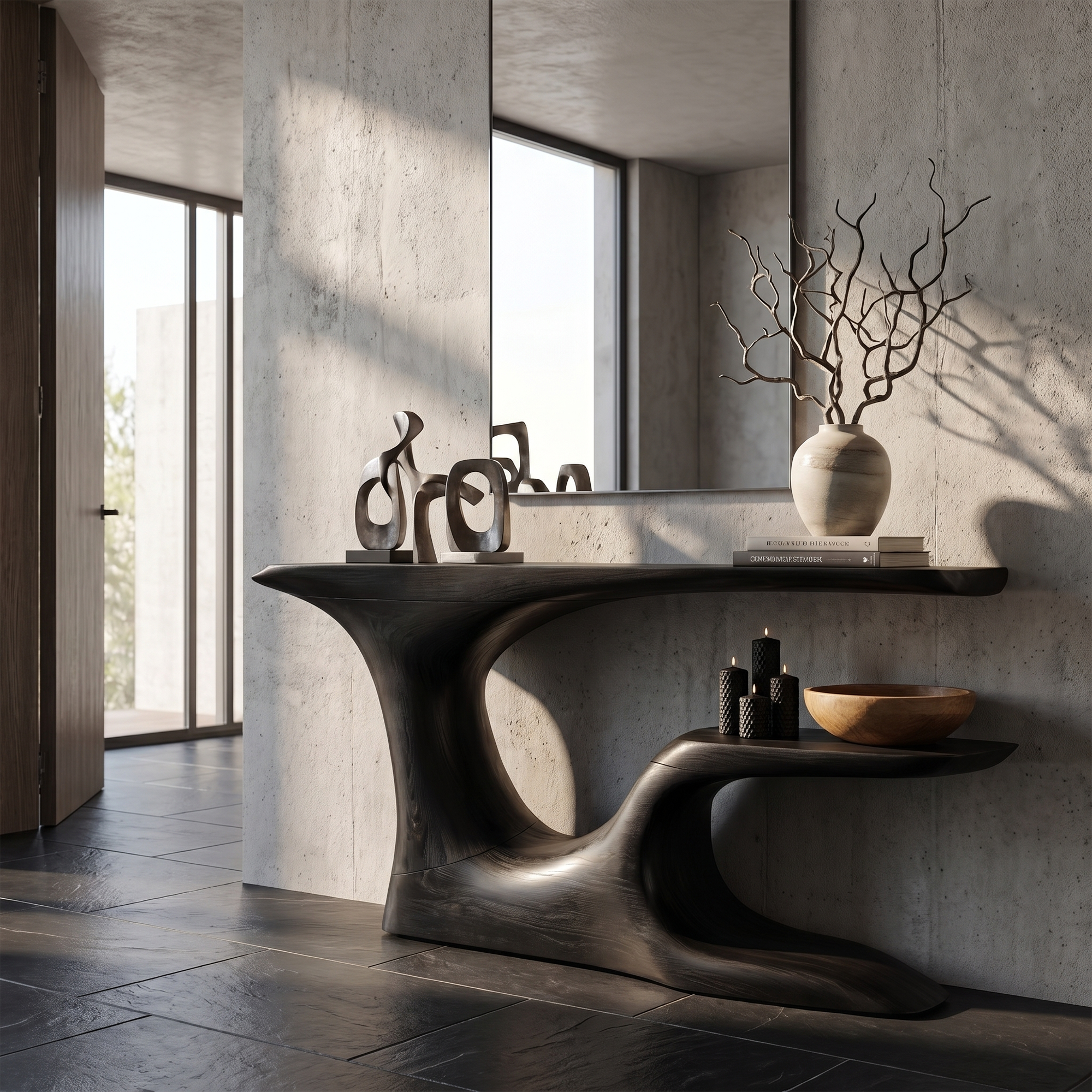 Rustic Organic Console Table With Live Edge Top And Sculptural Solid Wood Base For Entryway - view 4 of 8