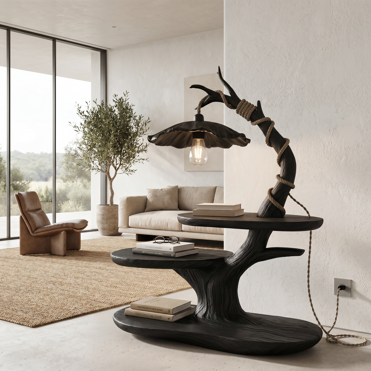 Sculptural Beside Table With Tree Branch Lamp And Open Storage Shelves For Living Room - view 5 of 8
