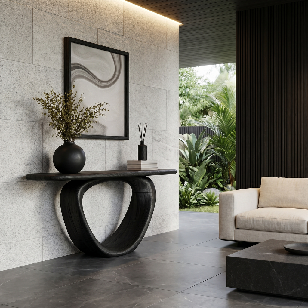 Sculptural Console Table With Loop Shaped Wooden Base Live Edge Console Table With Unique Sculptural Base Design - view 4 of 8