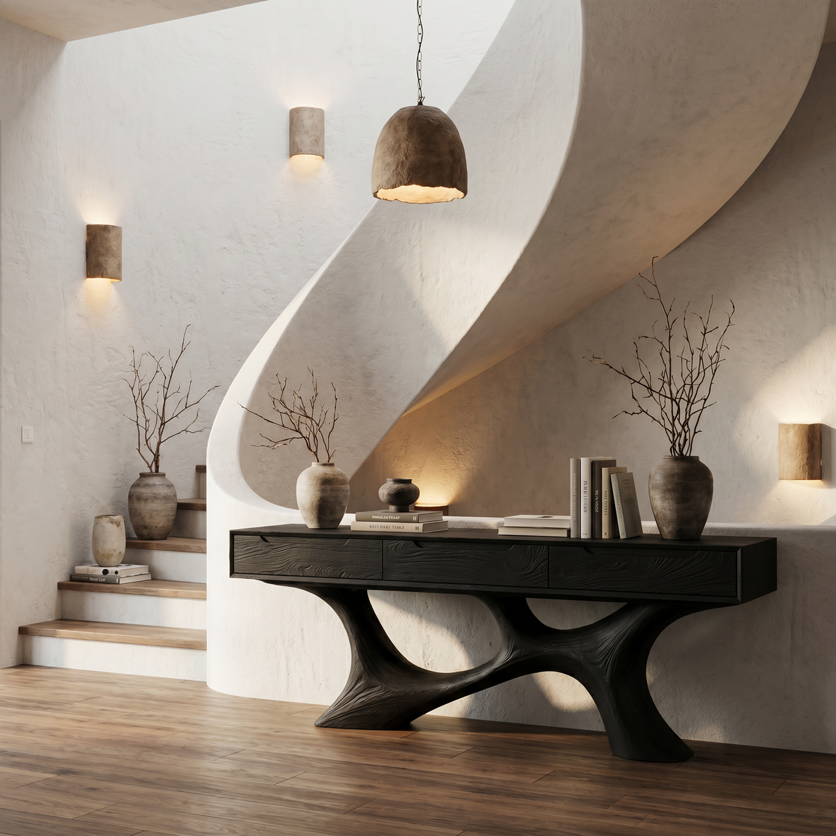 Modern Console Table With Built In Storage Cabinet And Sculptural Curved Wood Base For Entryway And Living Room - view 4 of 8
