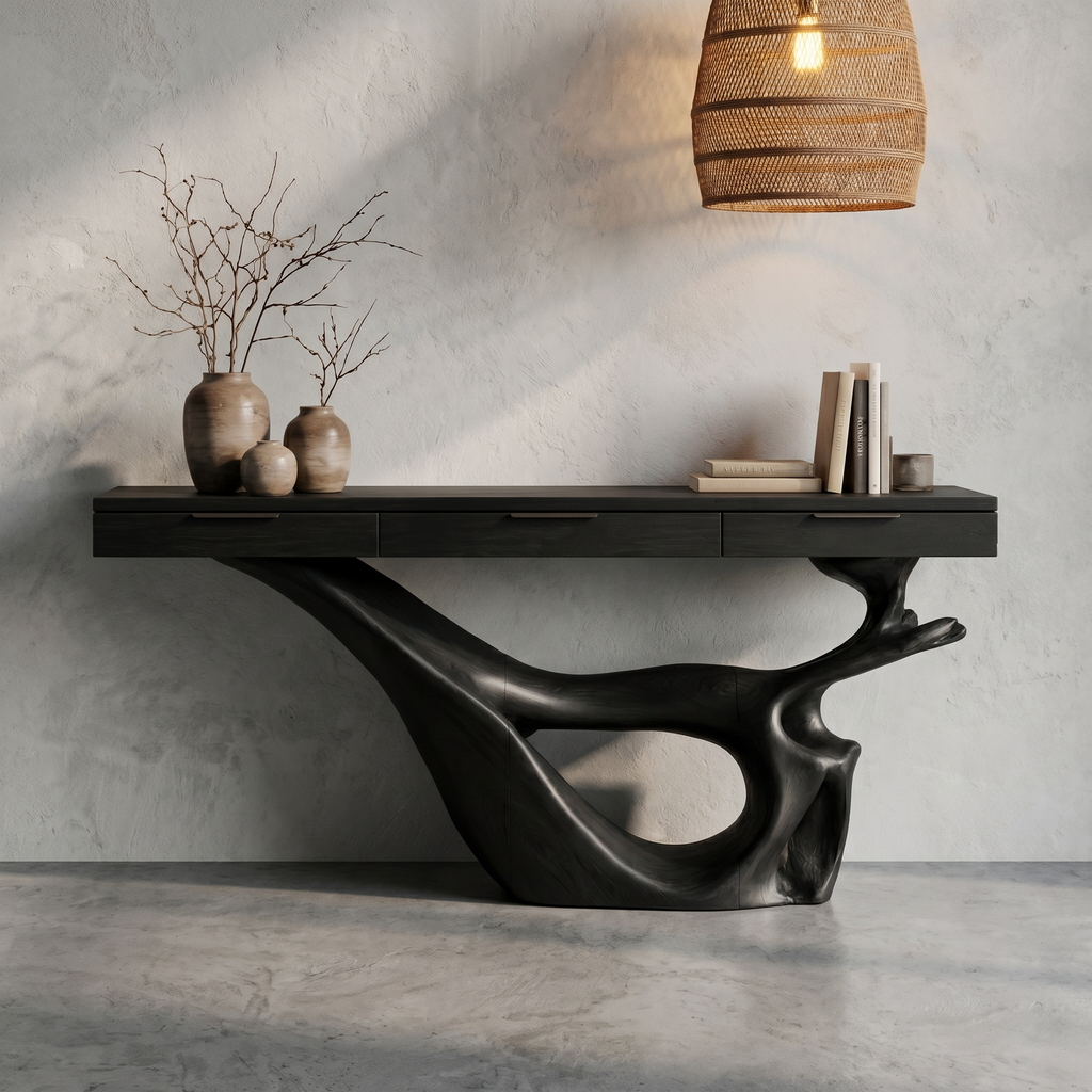 Minimal Console Table With Sculptural Curved Loop Wood Base And Solid Wood Top For Entryway And Living Room - view 4 of 8