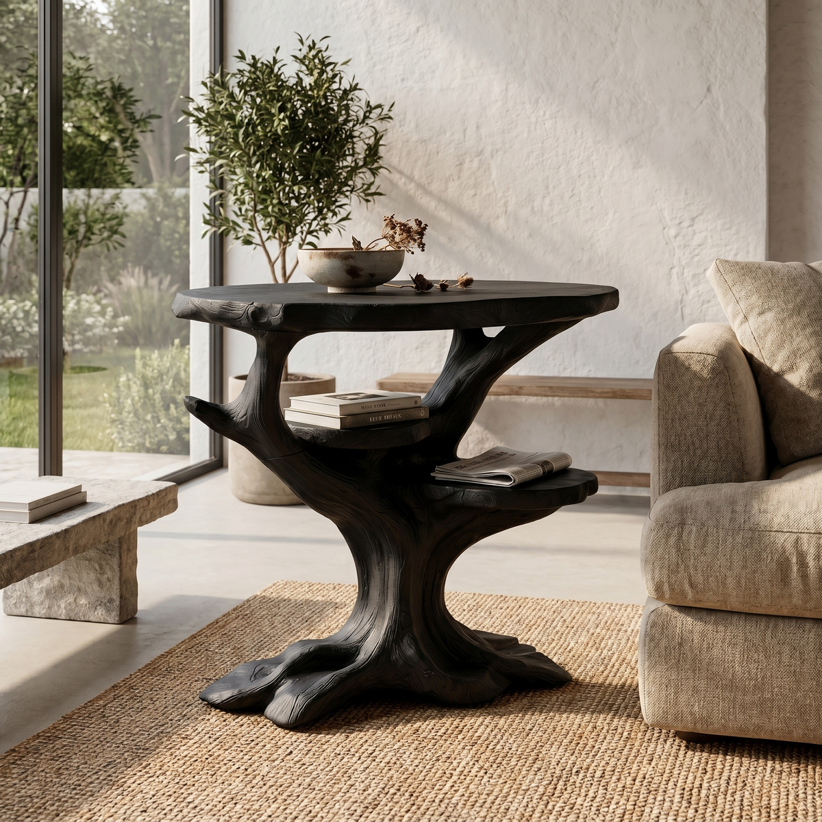 Organic Sculptural Side Table With Solid Wood Display Shelves For Living Room And Bedroom - view 4 of 8