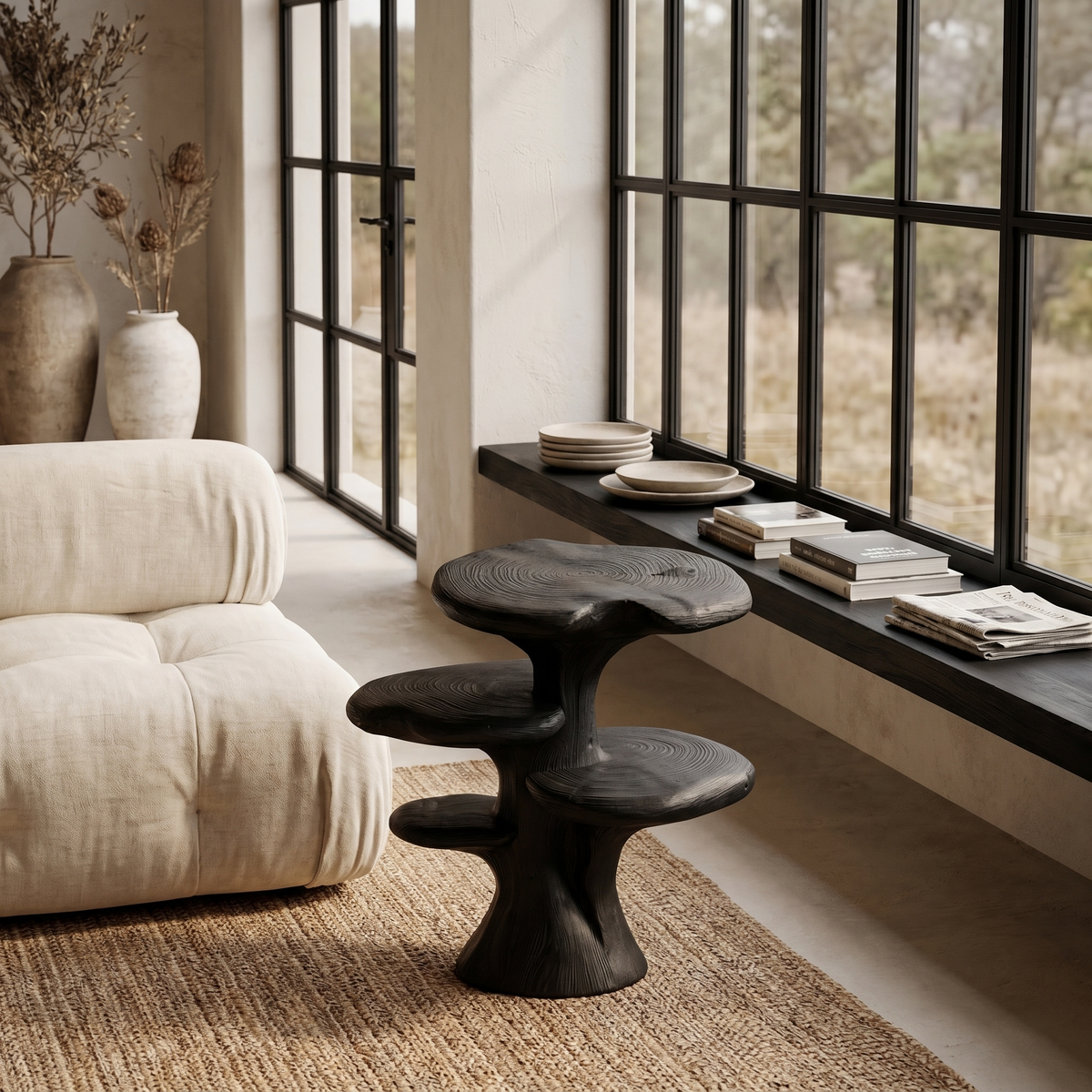 Organic Sculptural Beside Table With Tiered Solid Wood Shelves For Living Room - view 4 of 8