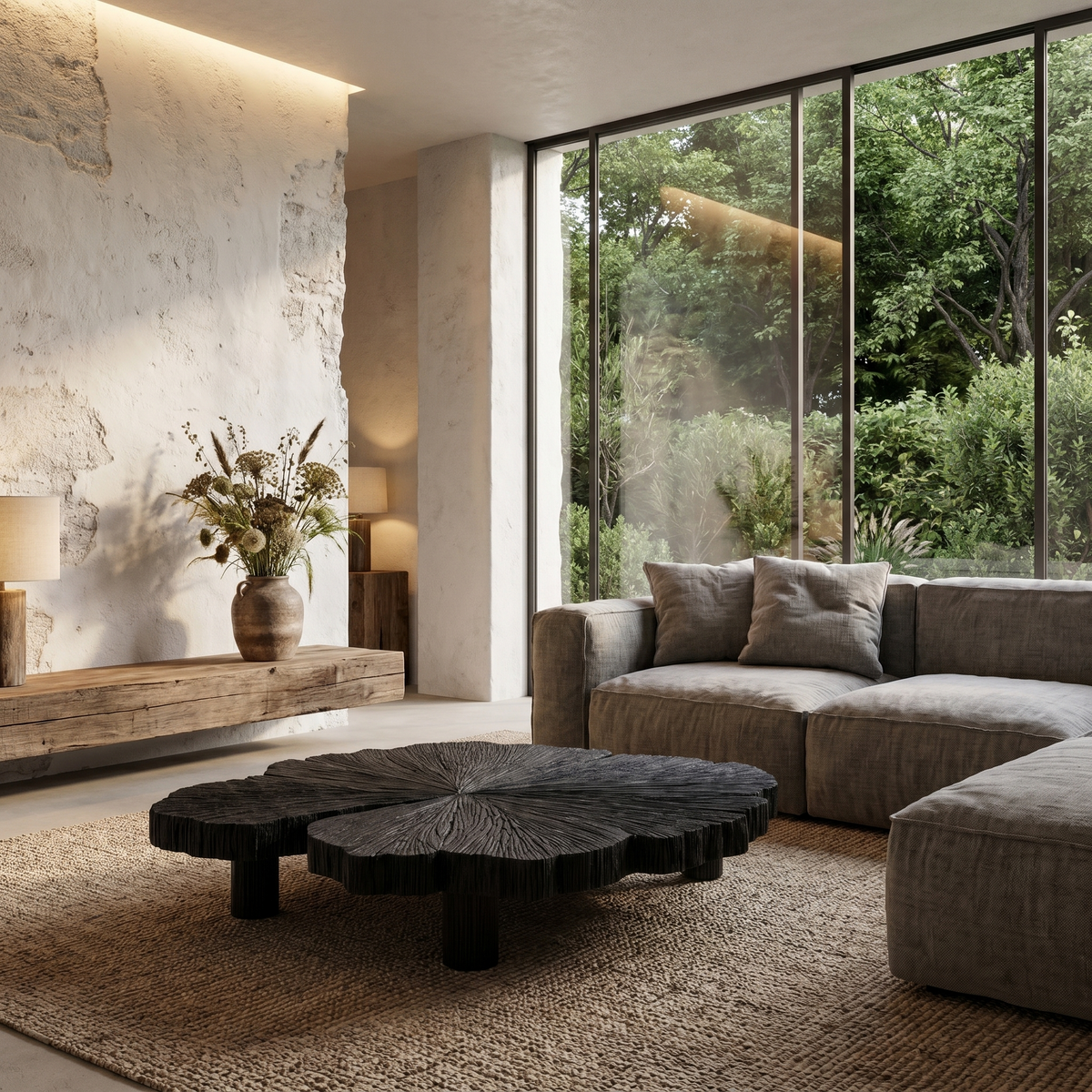Rustic Coffee Table With Hand Carved Organic Wood Top And Chunky Pedestal Legs For Living Room - view 4 of 8