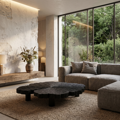 Rustic Coffee Table With Hand Carved Organic Wood Top And Chunky Pedestal Legs For Living Room - view 4 of 8