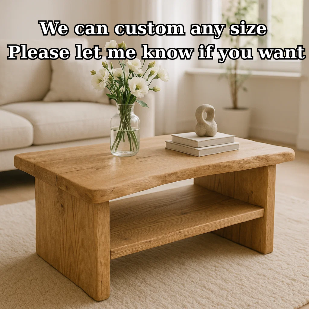 Handcrafted Solid Oak Coffee Table - Live Edge, Rustic Modern with Open Shelf - view 4 of 6