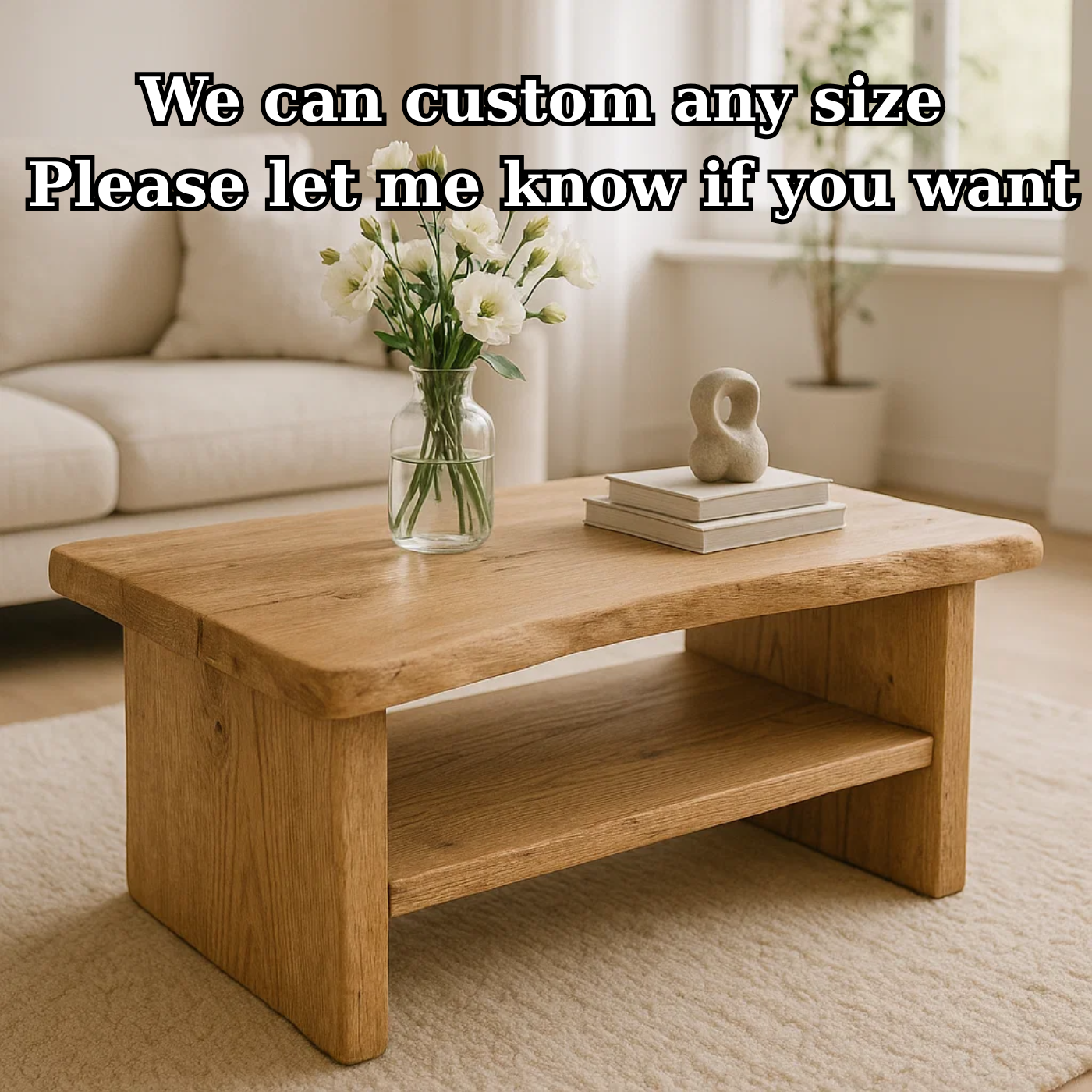 Handcrafted Solid Oak Coffee Table - Live Edge, Rustic Modern with Open Shelf - view 4 of 6