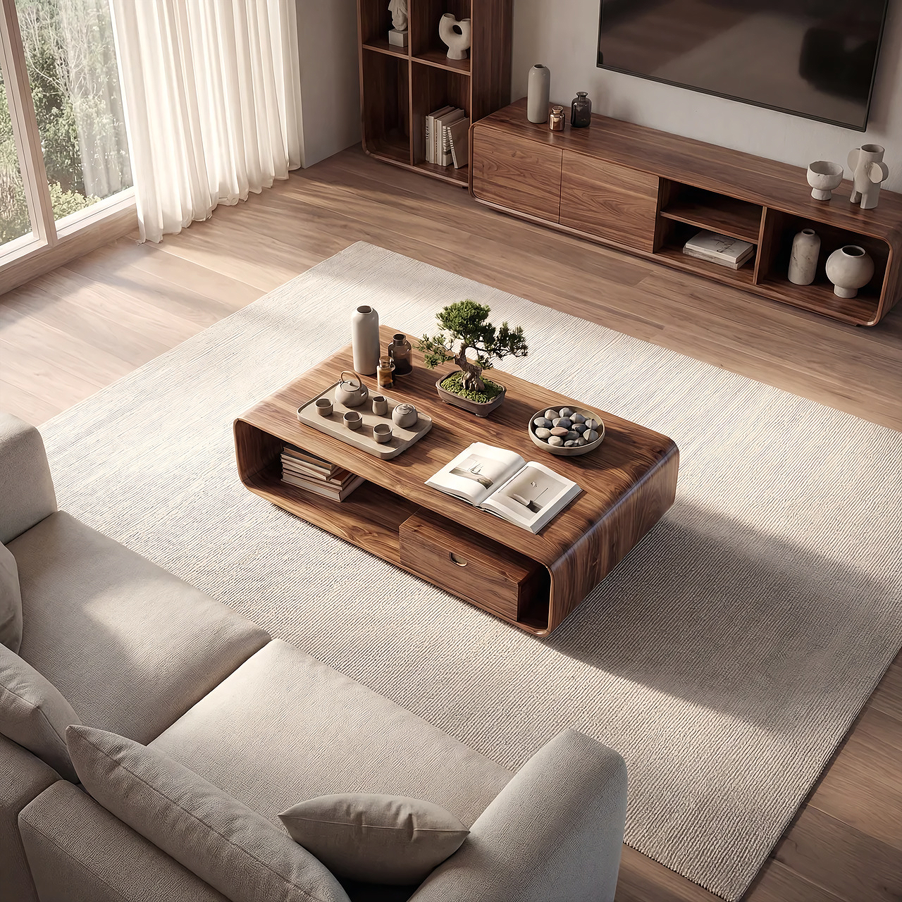 Modern Curved Coffee Table with Integrated Storage Design - view 2 of 7