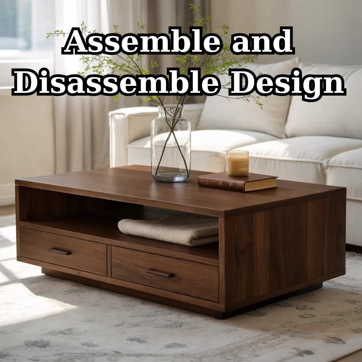 Solid Wood Coffee Table with Storage Drawers, Modern Design for Living Room - view 8 of 9