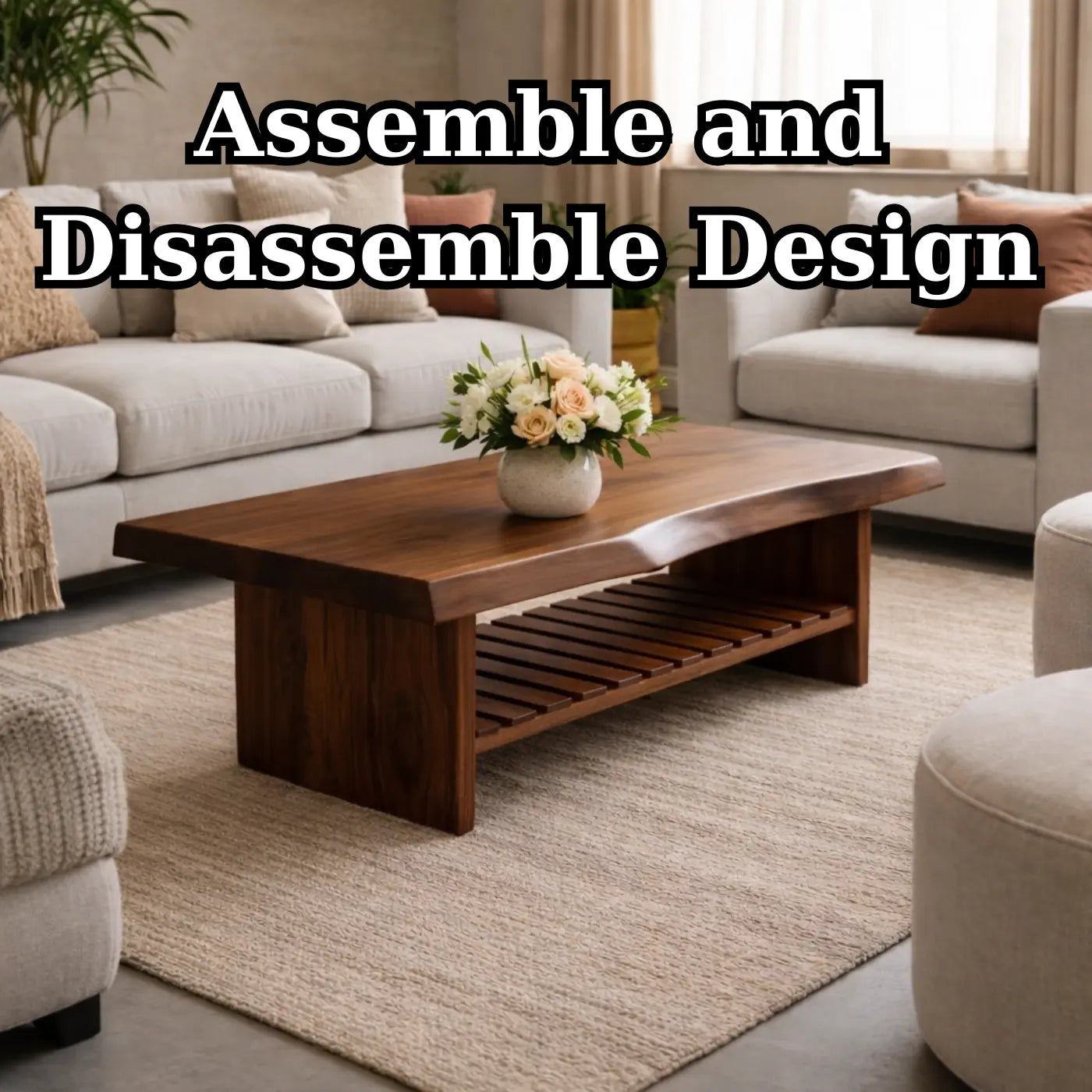 Live Edge Walnut Coffee Table with Slatted Shelf, Natural Modern Design for Living Room - view 8 of 9
