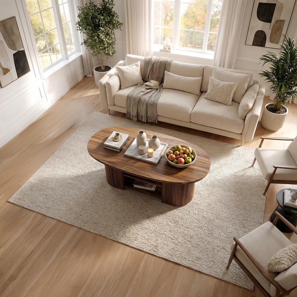 Oval Coffee Table with Fluted Base and Dual Shelf Storage - view 6 of 7
