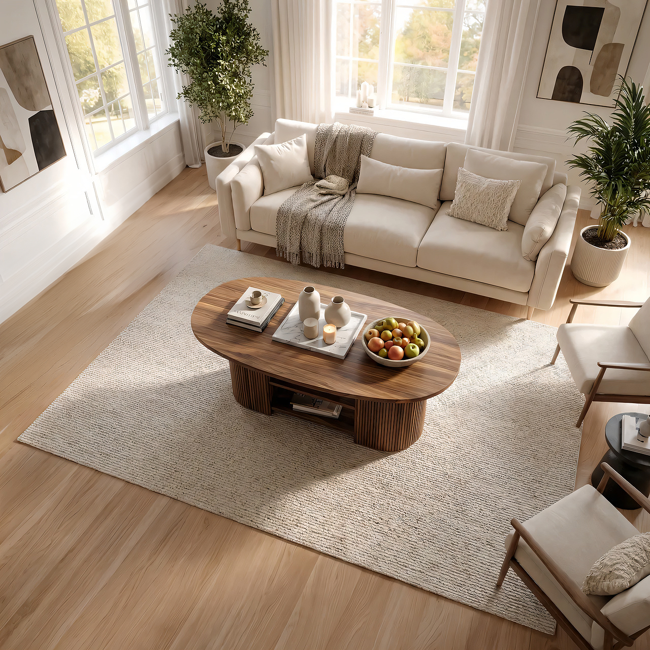 Oval Coffee Table with Fluted Base and Dual Shelf Storage - view 6 of 7