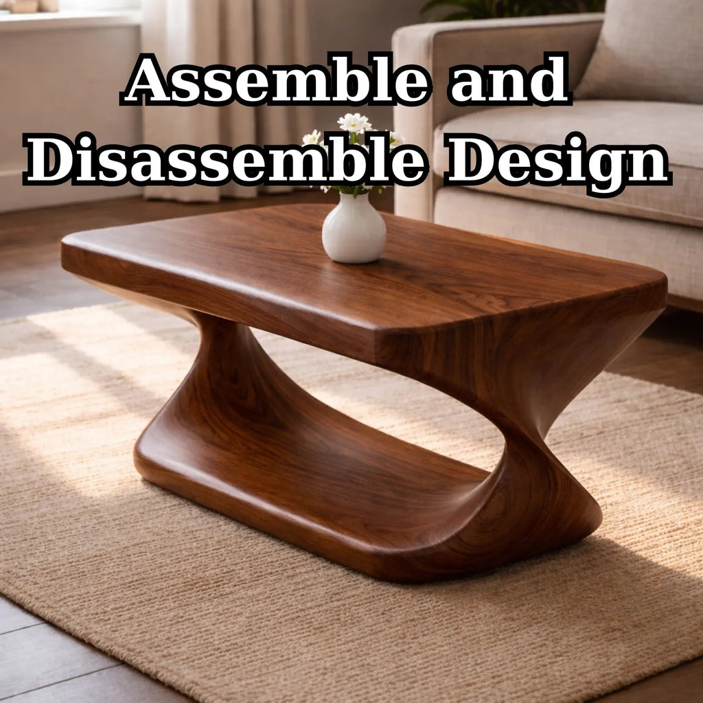 Modern Solid Wood Coffee Table with Sculptural Curved Base and Rectangular Wood Top - view 8 of 9