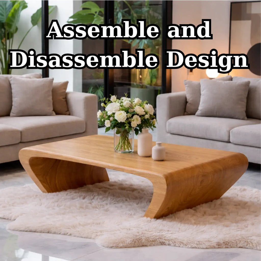 Modern Solid Wood Coffee Table with Sculptural Curved Base Minimalist Living Room Table - view 8 of 9