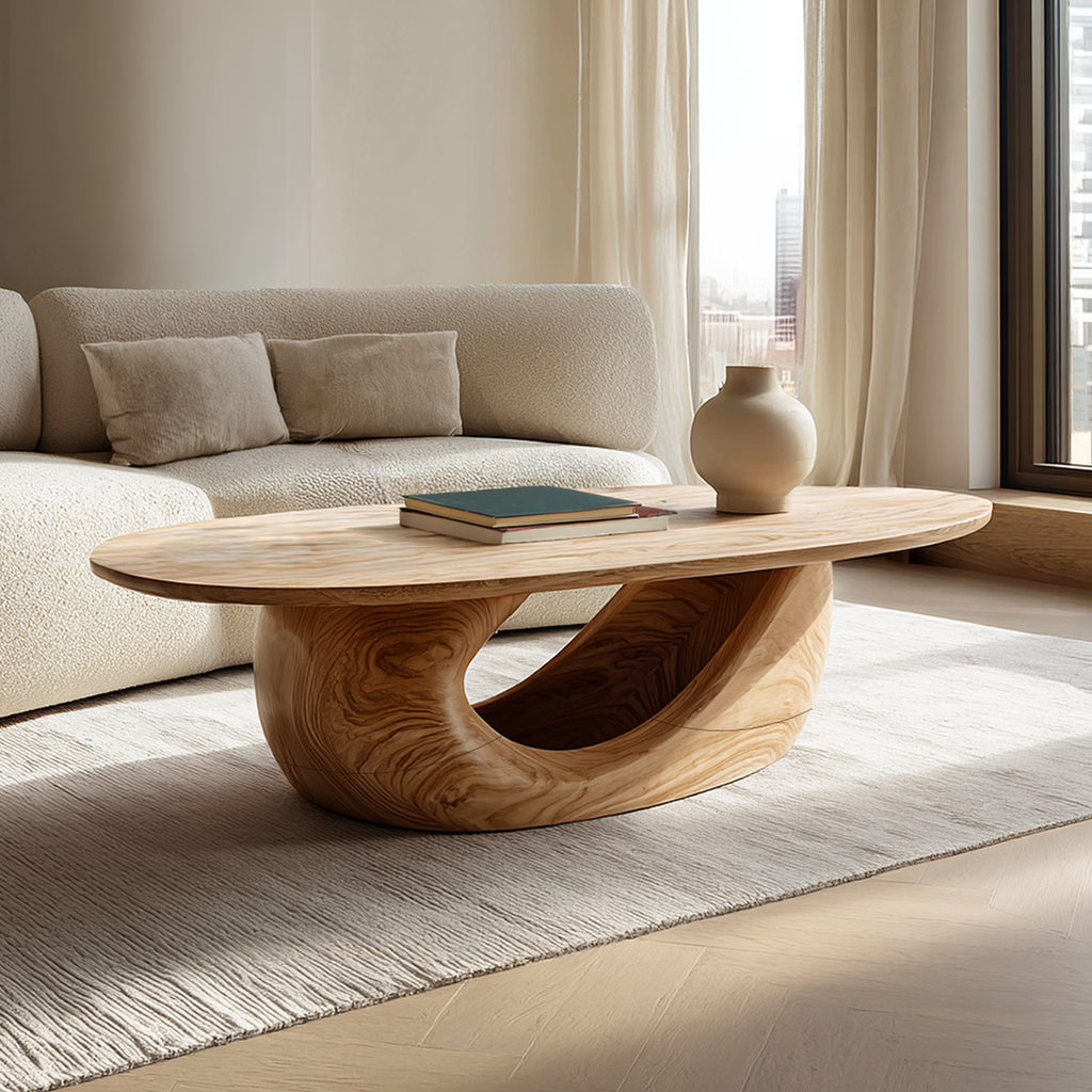 Sculptural Oval Coffee Table with Curved Base in Natural Wood - view 1 of 7