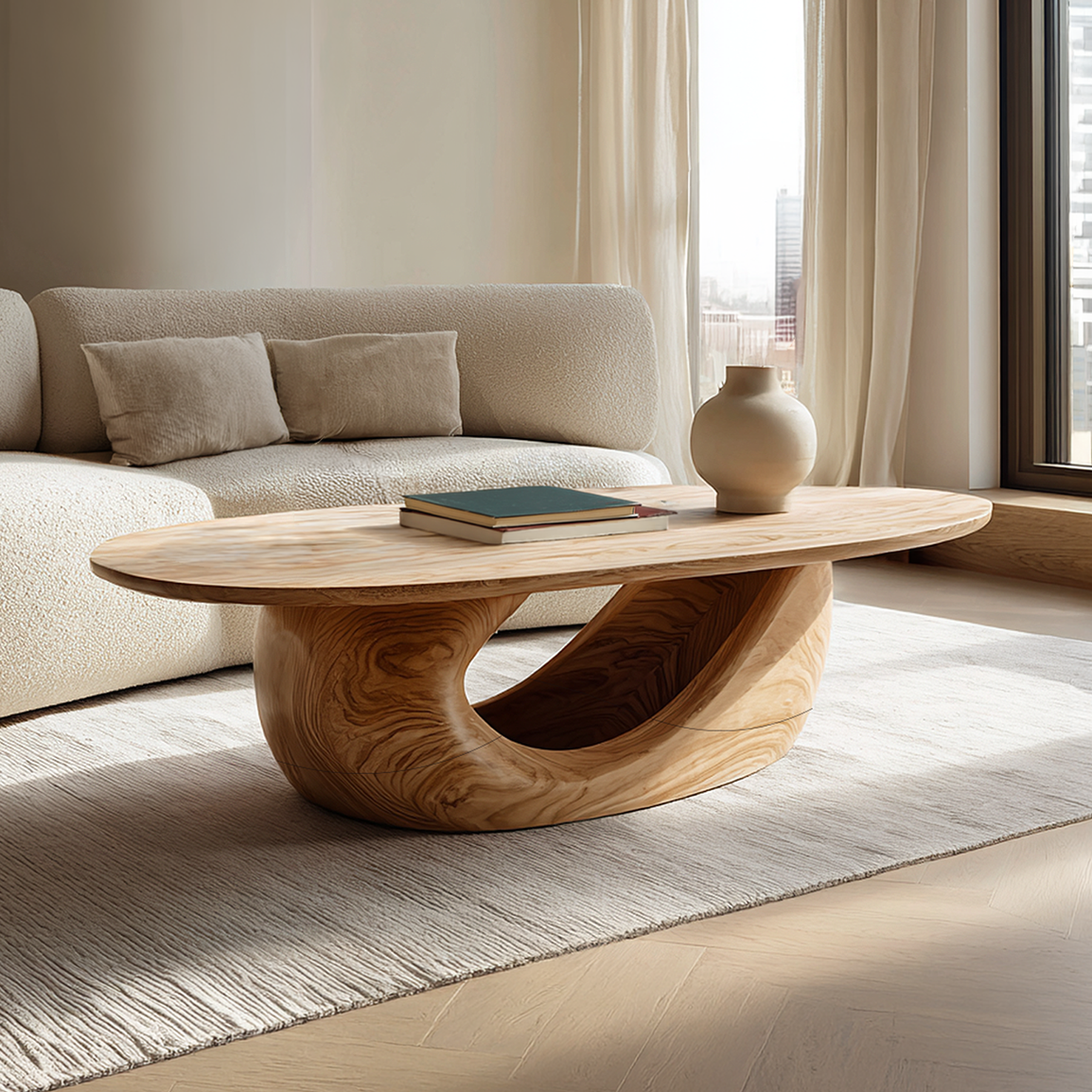 Sculptural Oval Coffee Table with Curved Base in Natural Wood - view 1 of 7