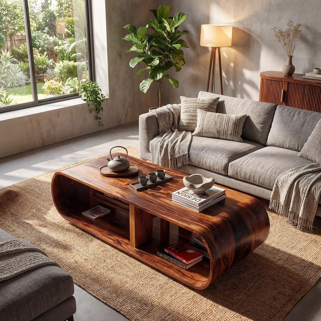 Curved Waterfall Coffee Table with Integrated Open Shelving - view 3 of 7
