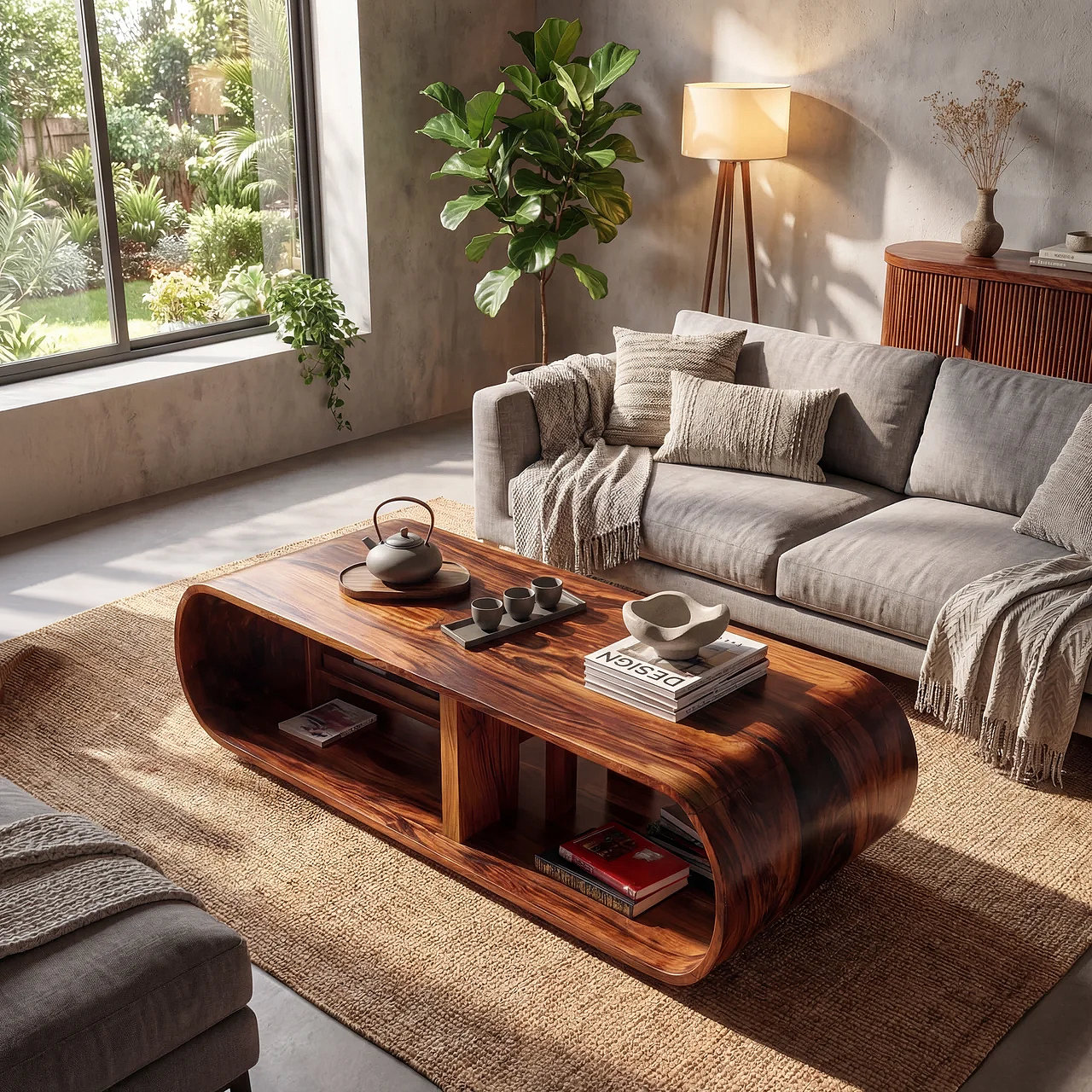 Curved Waterfall Coffee Table with Integrated Open Shelving - view 3 of 7