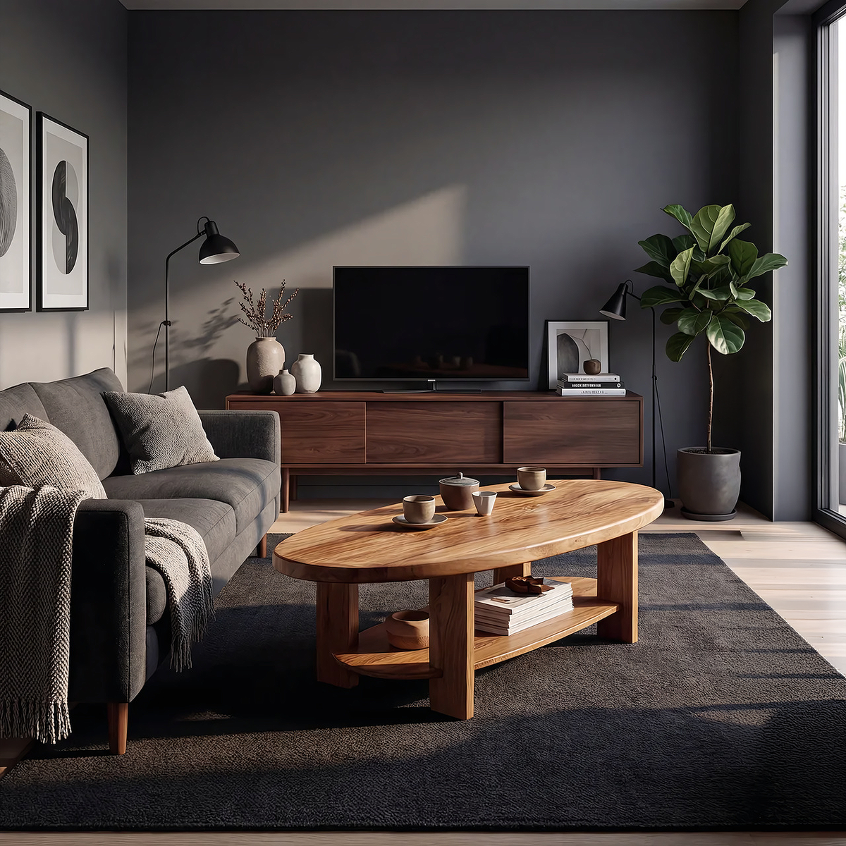 Oval Solid Wood Coffee Table with Open Shelf Storage - view 5 of 6