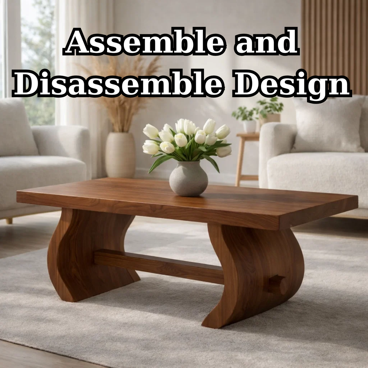 Solid Wood Coffee Table for Modern Home with Sculpted Curved Legs - view 8 of 9
