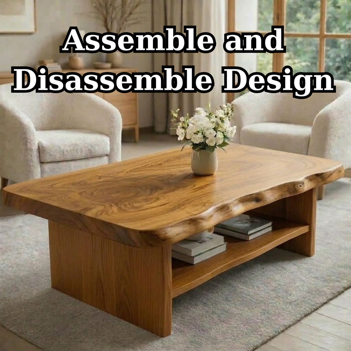 Solid Wood Coffee Table for Living Room with Live Edge Top and Storage Shelf - view 8 of 9
