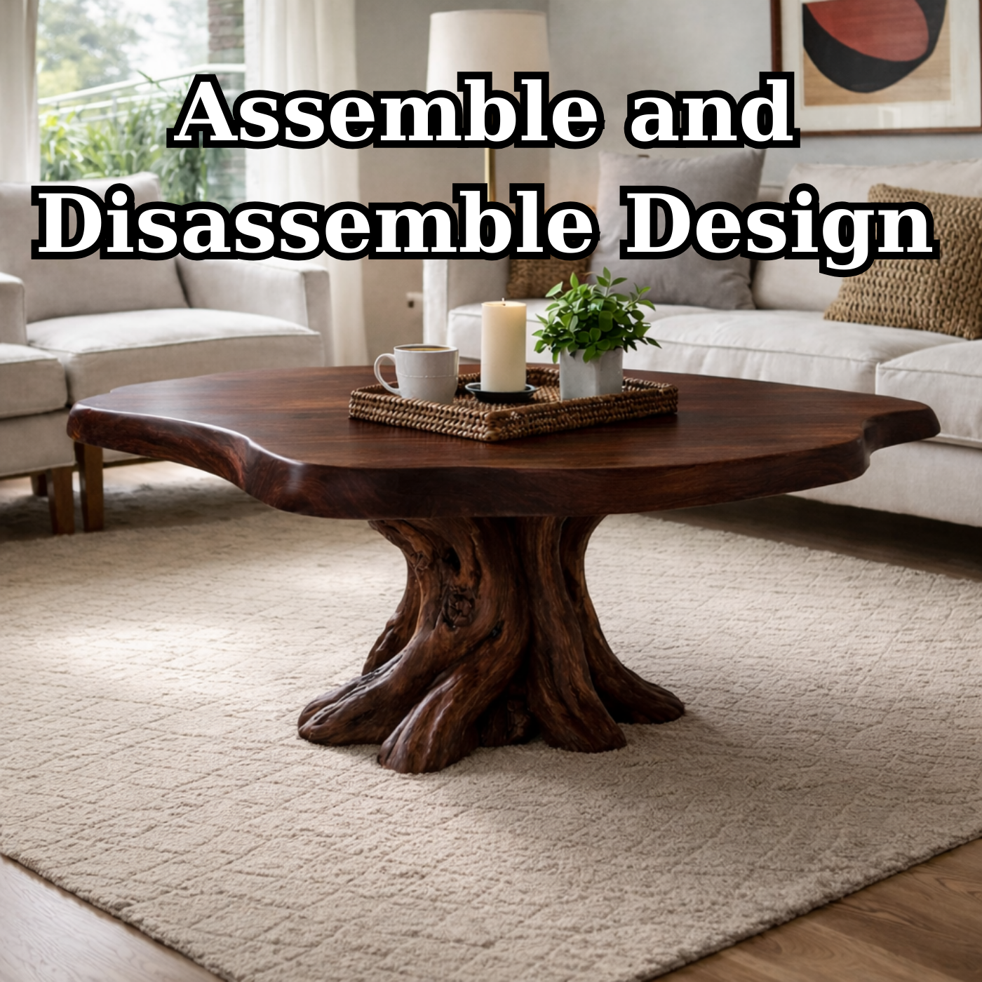Solid Wood Round Coffee Table for Rustic Living Room with Tree Root Base - view 8 of 9