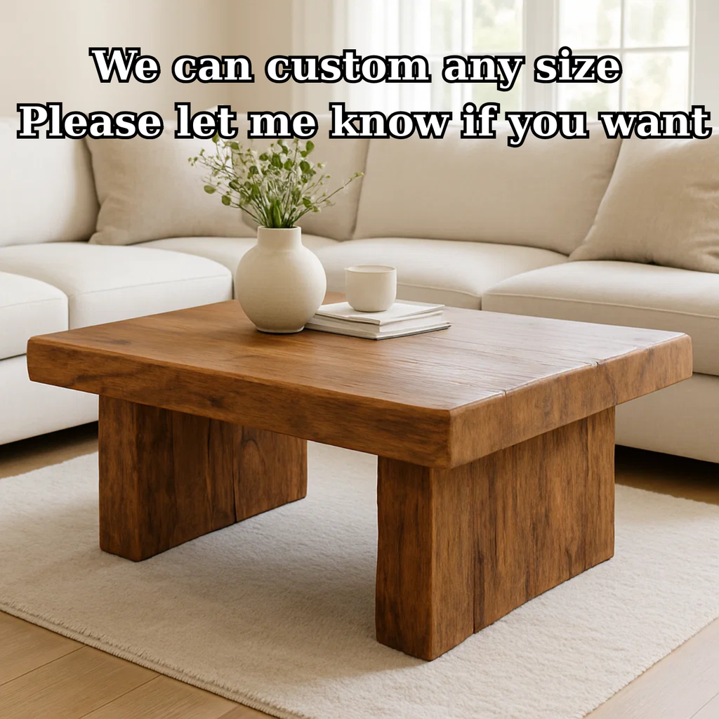 Handcrafted Solid Wood Coffee Table – Rustic Block Base Design for Living Room - view 4 of 6