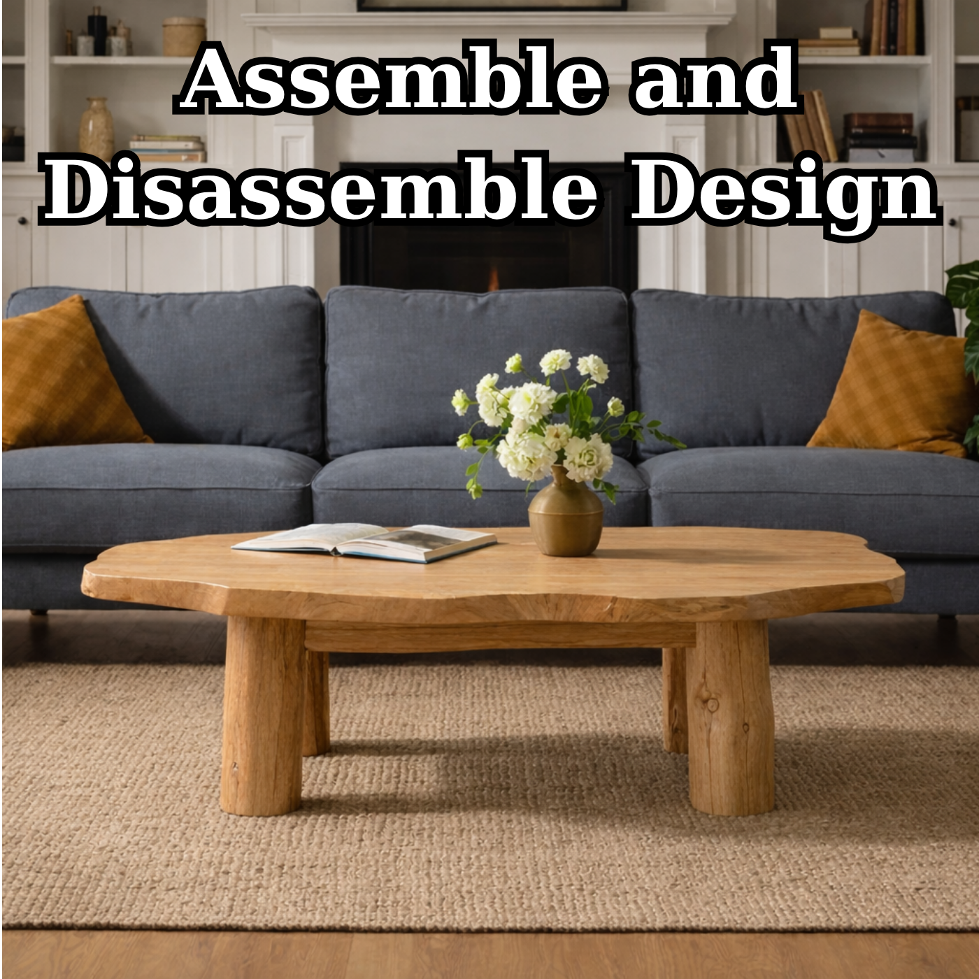 Solid Wood Round Coffee Table with Chunky Legs – Rustic Natural Wood Living Room Table - view 8 of 9