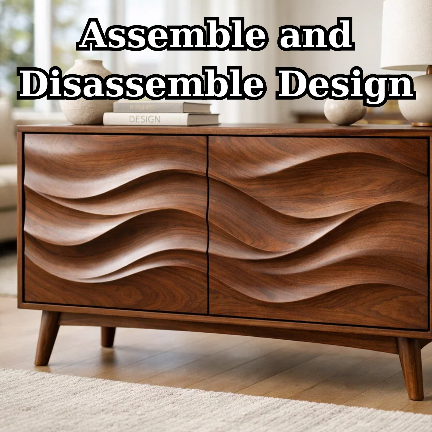 Solid Wood Console Table with Sculptural Wave Doors and Mid-Century Legs - view 8 of 9