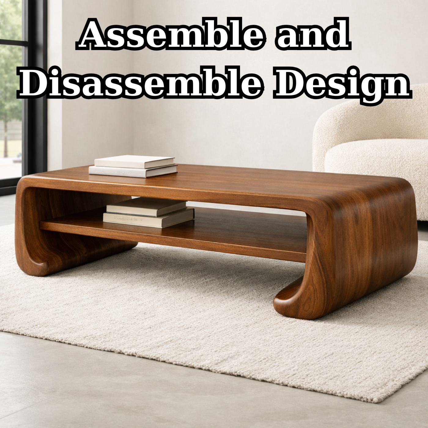 Handcrafted Solid Wood Sculptural Coffee Table with Open Shelf - view 8 of 9